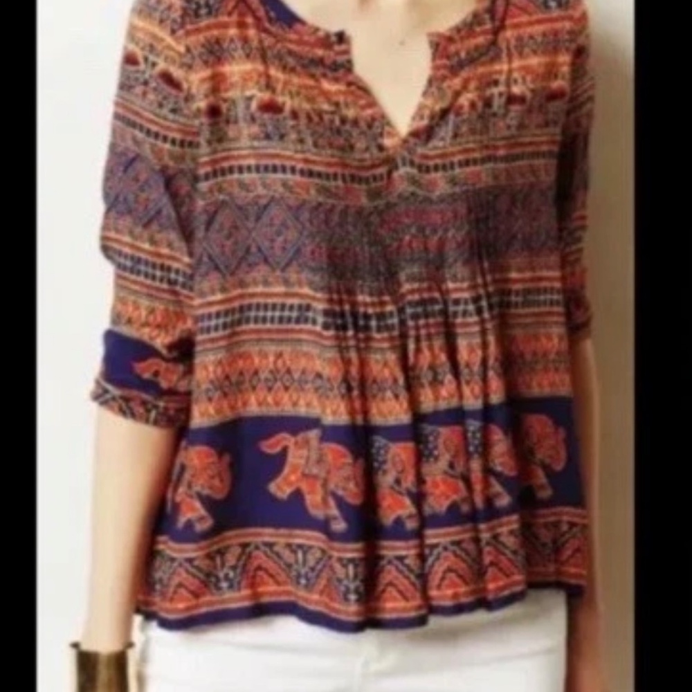 Anthropologie Vanessa Virginia Elephant Tribal Pintuck Boho Peasant Top Size 12